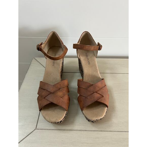 Maurices Faux Leather Wedge Sandals Size 9 Boho Design Brown Black - Picture 2 of 8